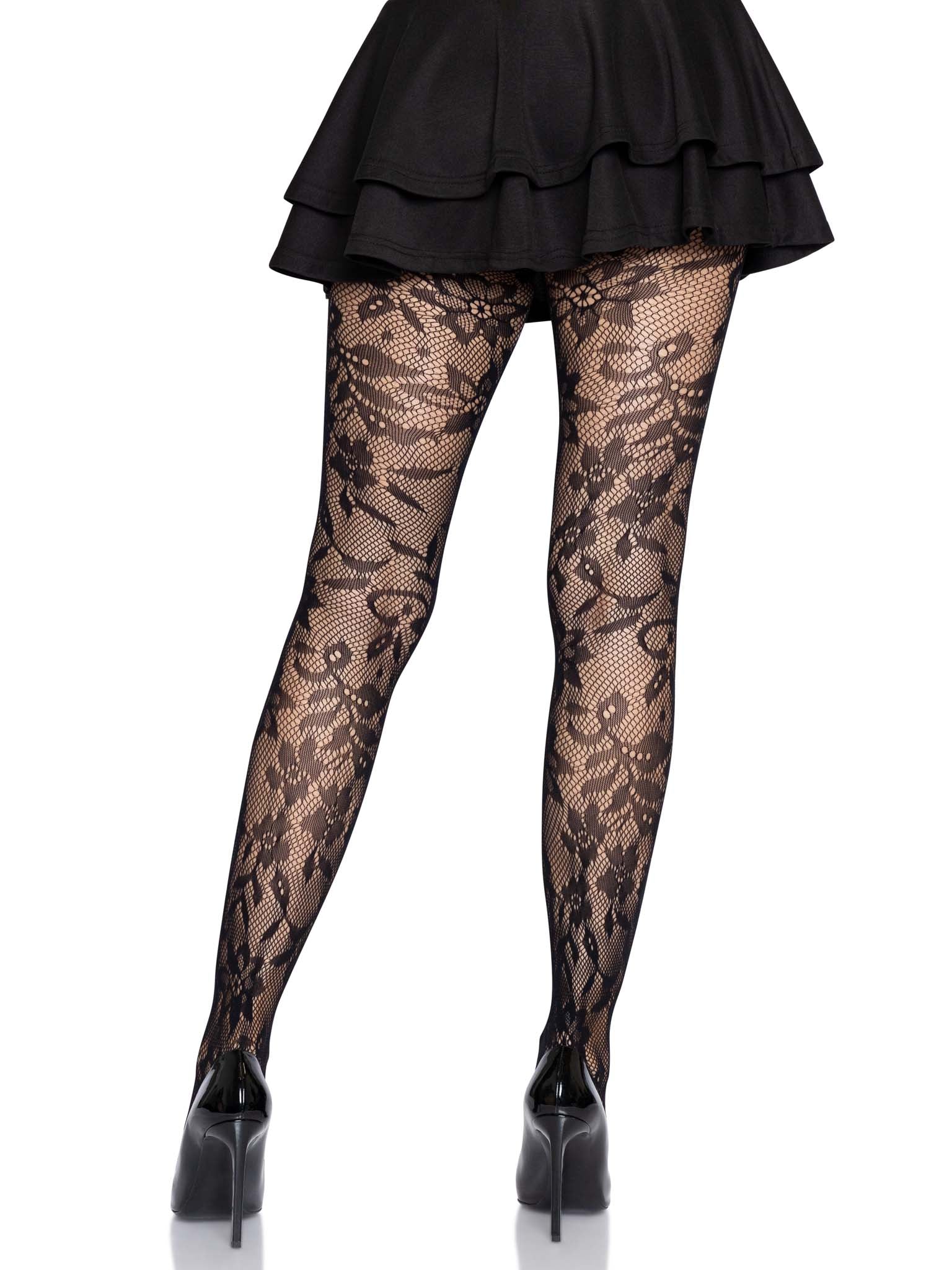 LACE PANEL PATTERNED TIGHTS By Flirt 8% Elastane Black UK One Size To 42  Hip