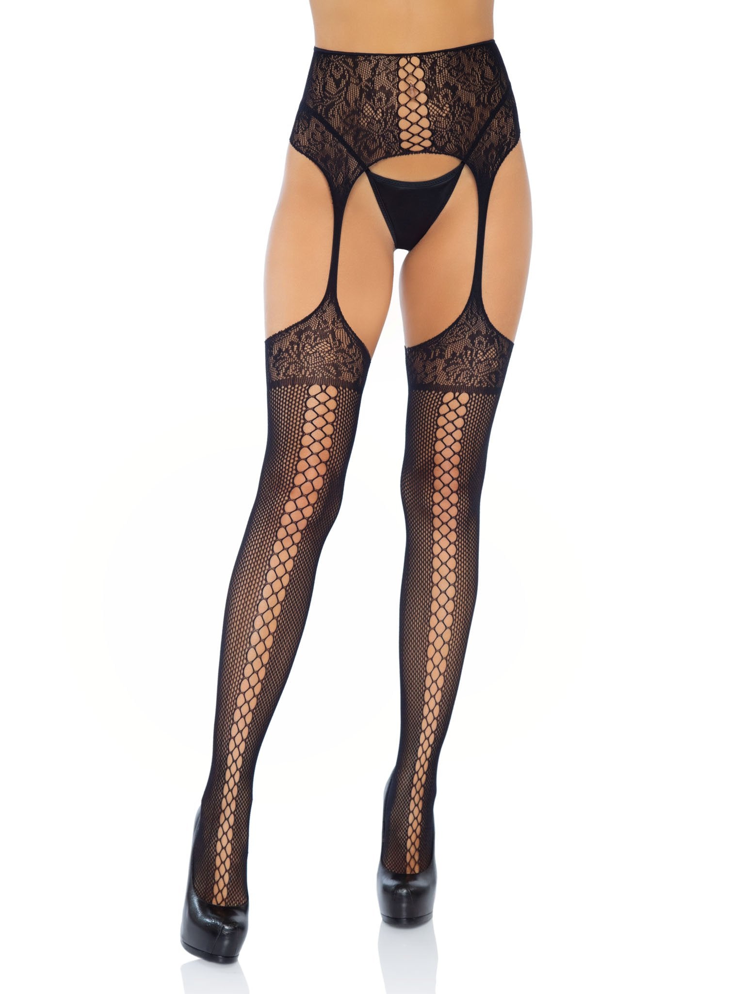 Women's Black Lace Print Fishnets High Waisted Tights with Faux Panty